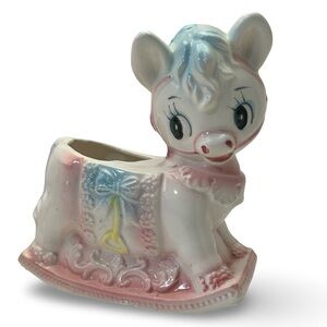 Charming Vintage Retro RUBENS Ceramic Rocking Horse Planter - Pink and Blue
